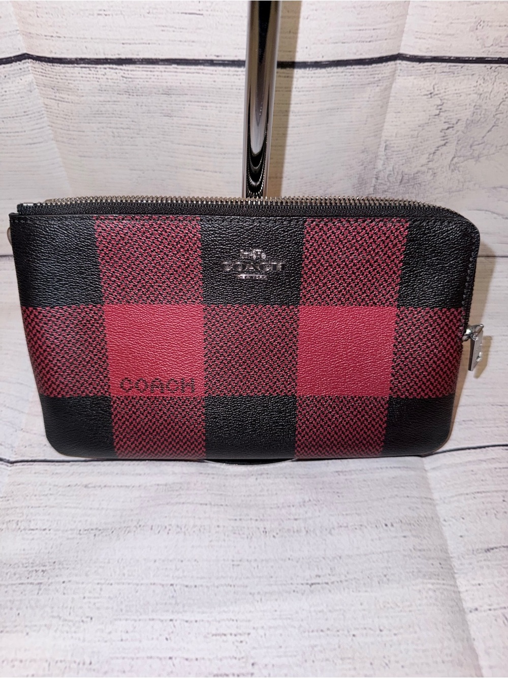 Coach Women’s Red and Black Check Zip Pouch